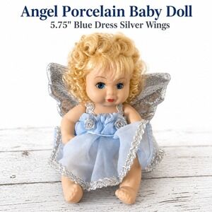 Angel‎ Porcelain Baby Doll 5.75 in Blue Dress Silver Wings Blonde Hair Blue Eyes
